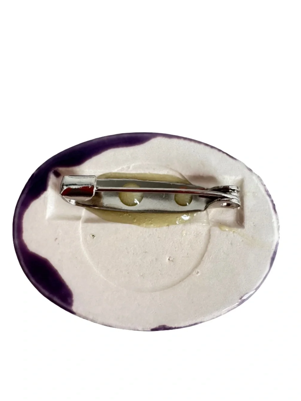 Vintage Oval Porcelain Brooch Blue Yellow Burst Ceramic Art Pin Abstract Retro